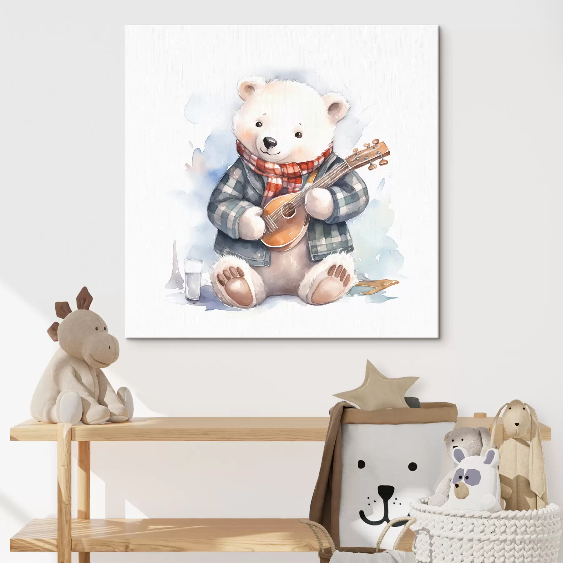 Glezna Leduslāča muzikants zilā rūtainā uzvalkā un sarkanā šallē spēlē ģitāru bērnu akvareļa ilustrācijā s39120