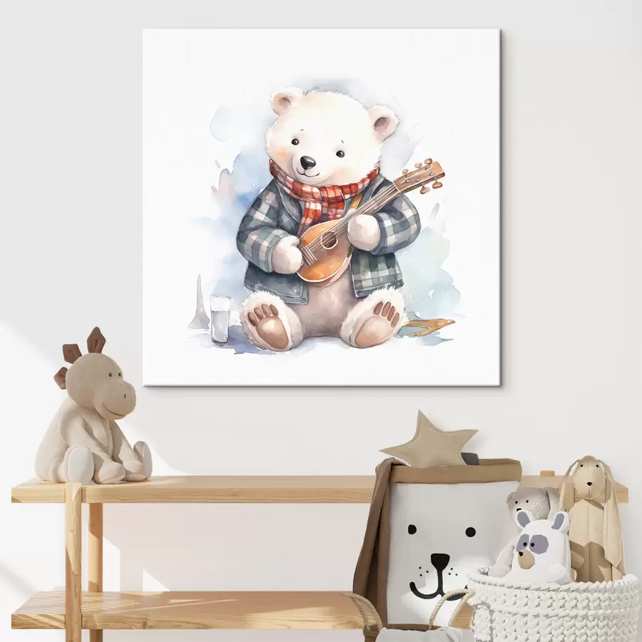 Glezna Leduslāča muzikants zilā rūtainā uzvalkā un sarkanā šallē spēlē ģitāru bērnu akvareļa ilustrācijā s39120