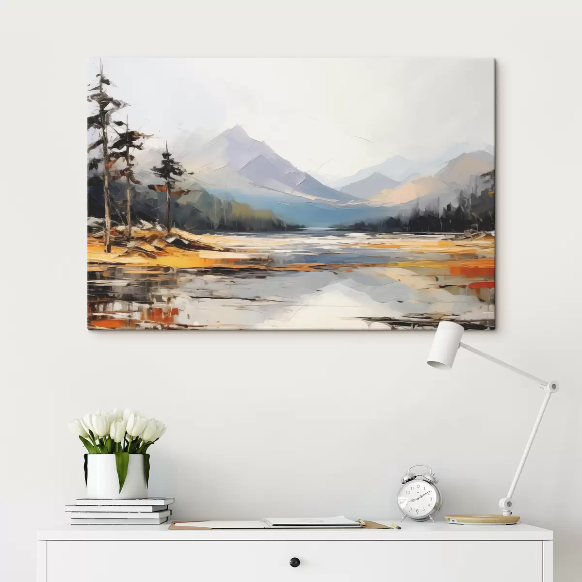 Glezna Kalnu grēdas ielejā eļļas glezna, ainava, daba, zila, balti dzeltena krāsa s39128