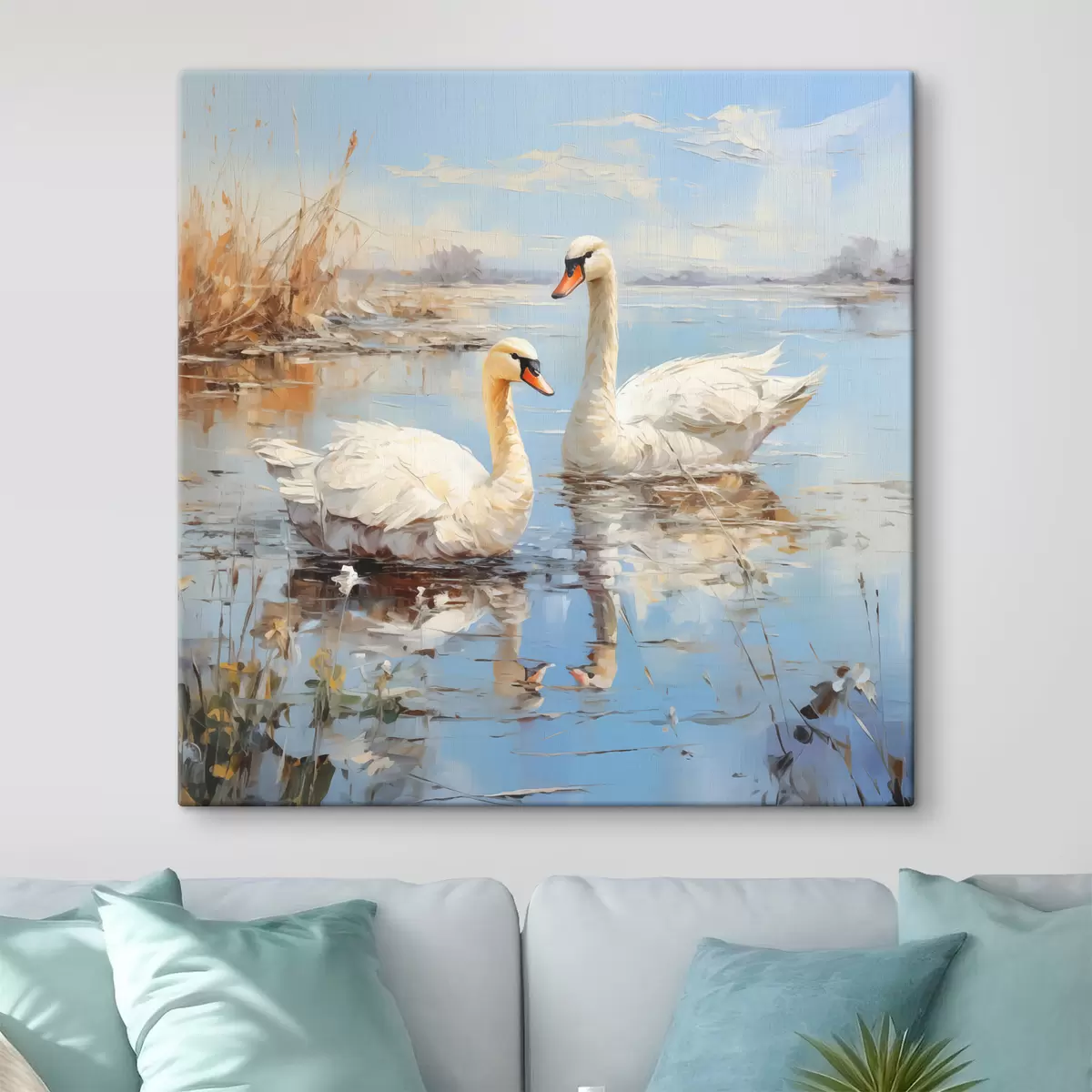 Glezna Pa upi starp niedrēm peld baltās zosis, zilā, baltā, bēšā krāsā s39130