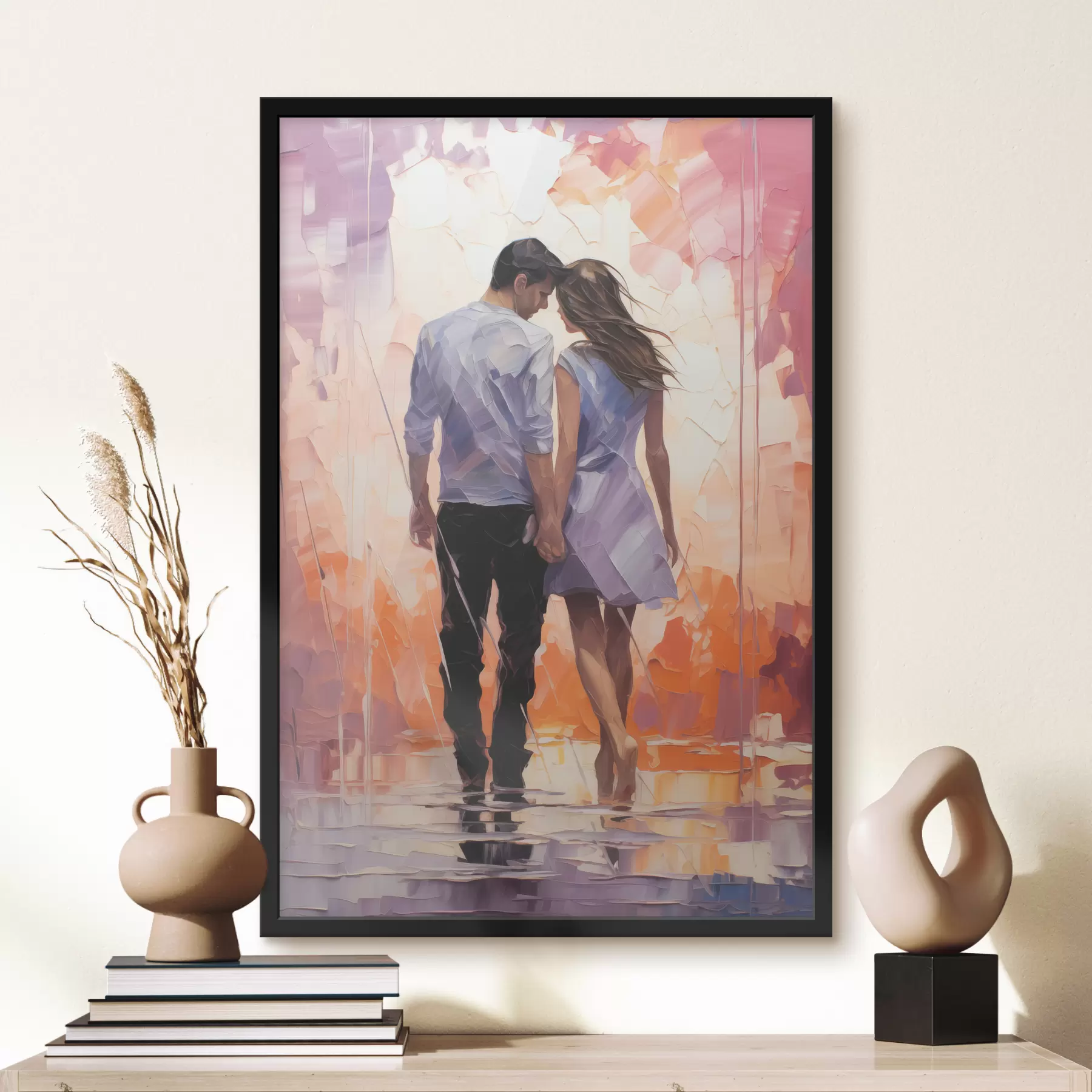 Glezna Mīlestības pāra siluets abstrakta glezna, meitene un puisis, rozā, oranža, violeta, melna krāsa f39124