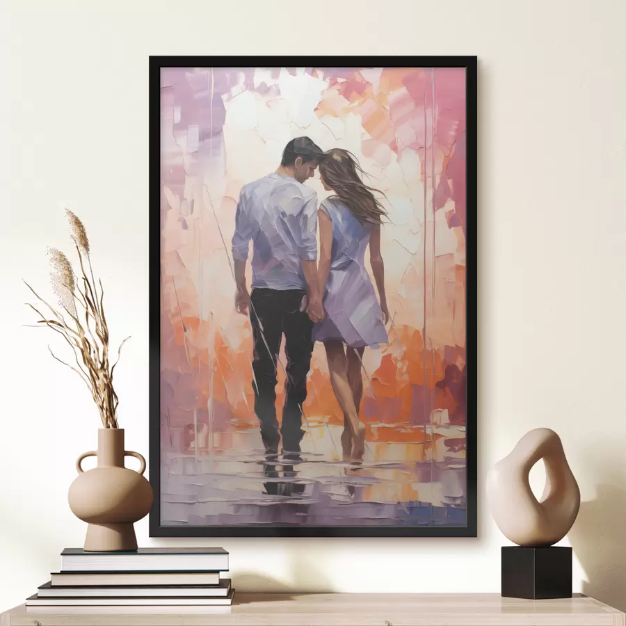 Fototapetes Mīlestības pāra siluets abstrakta glezna, meitene un puisis, rozā, oranža, violeta, melna krāsa f39124