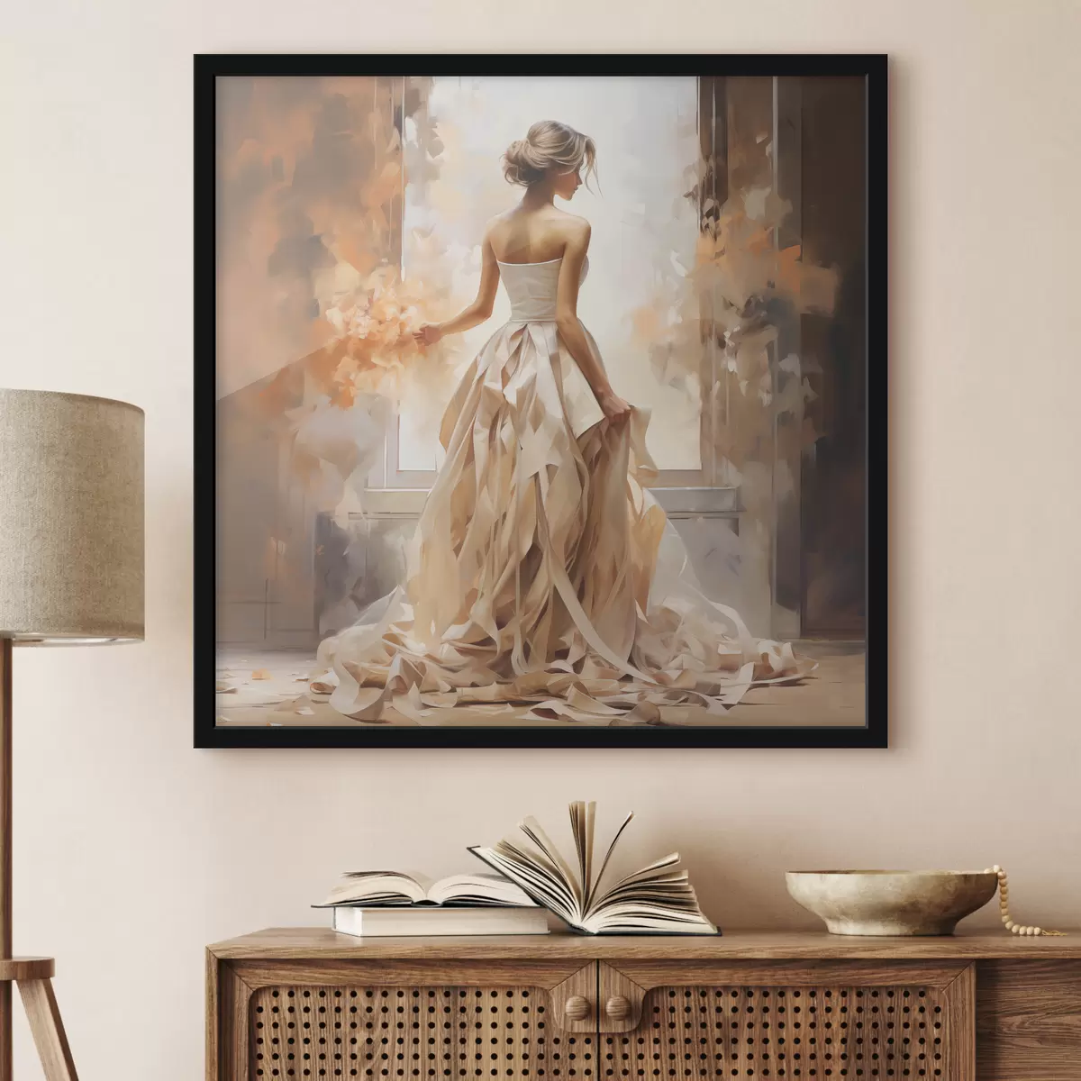 Plakāts Meitene baltā kāzu kleitā stāv pie loga starp uguni un krāso ar rokām f39125