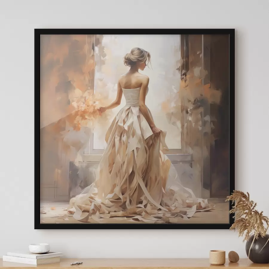 Glezna Meitene baltā kāzu kleitā stāv pie loga starp uguni un krāso ar rokām f39125