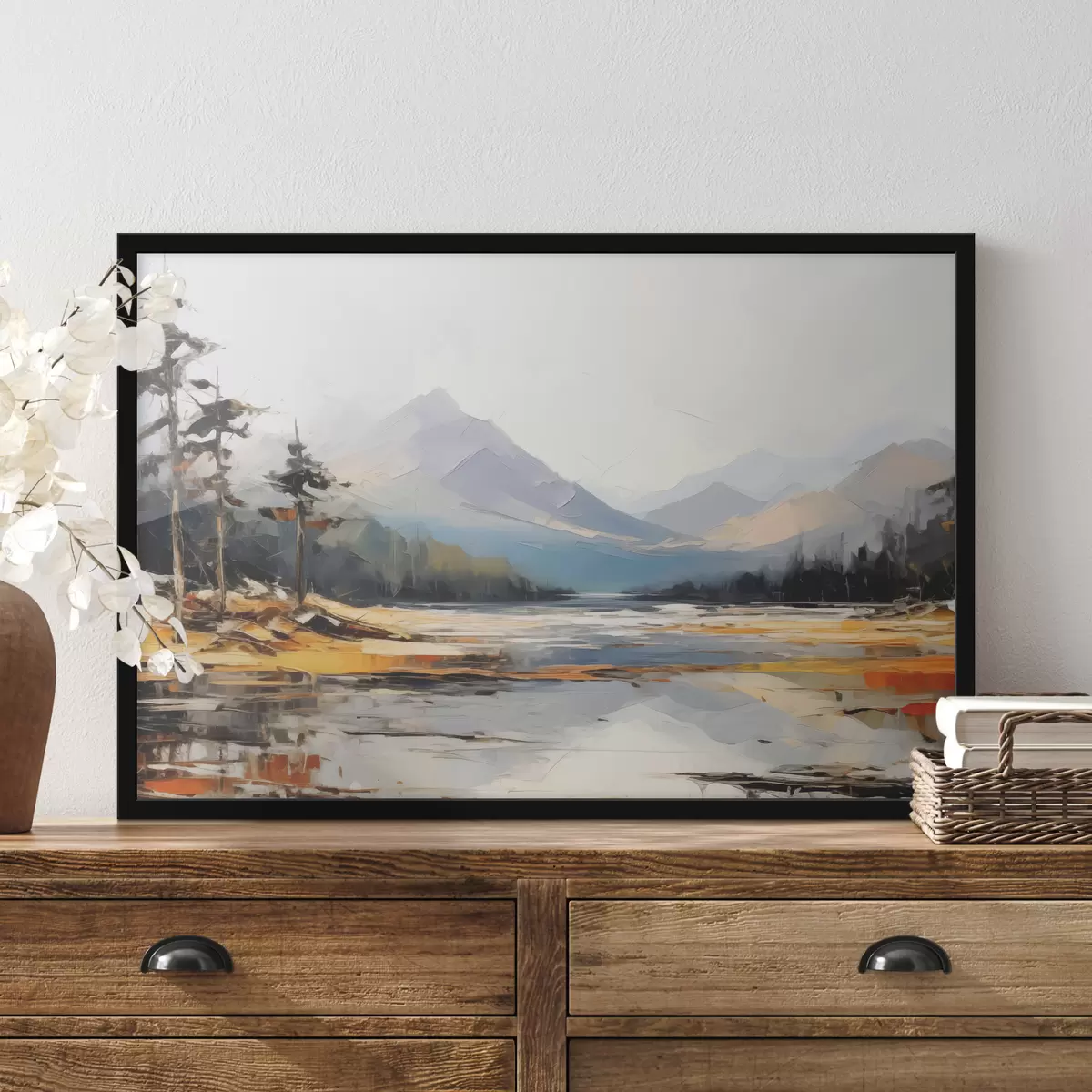 Plakāts Kalnu grēdas ielejā eļļas glezna, ainava, daba, zila, balti dzeltena krāsa f39128