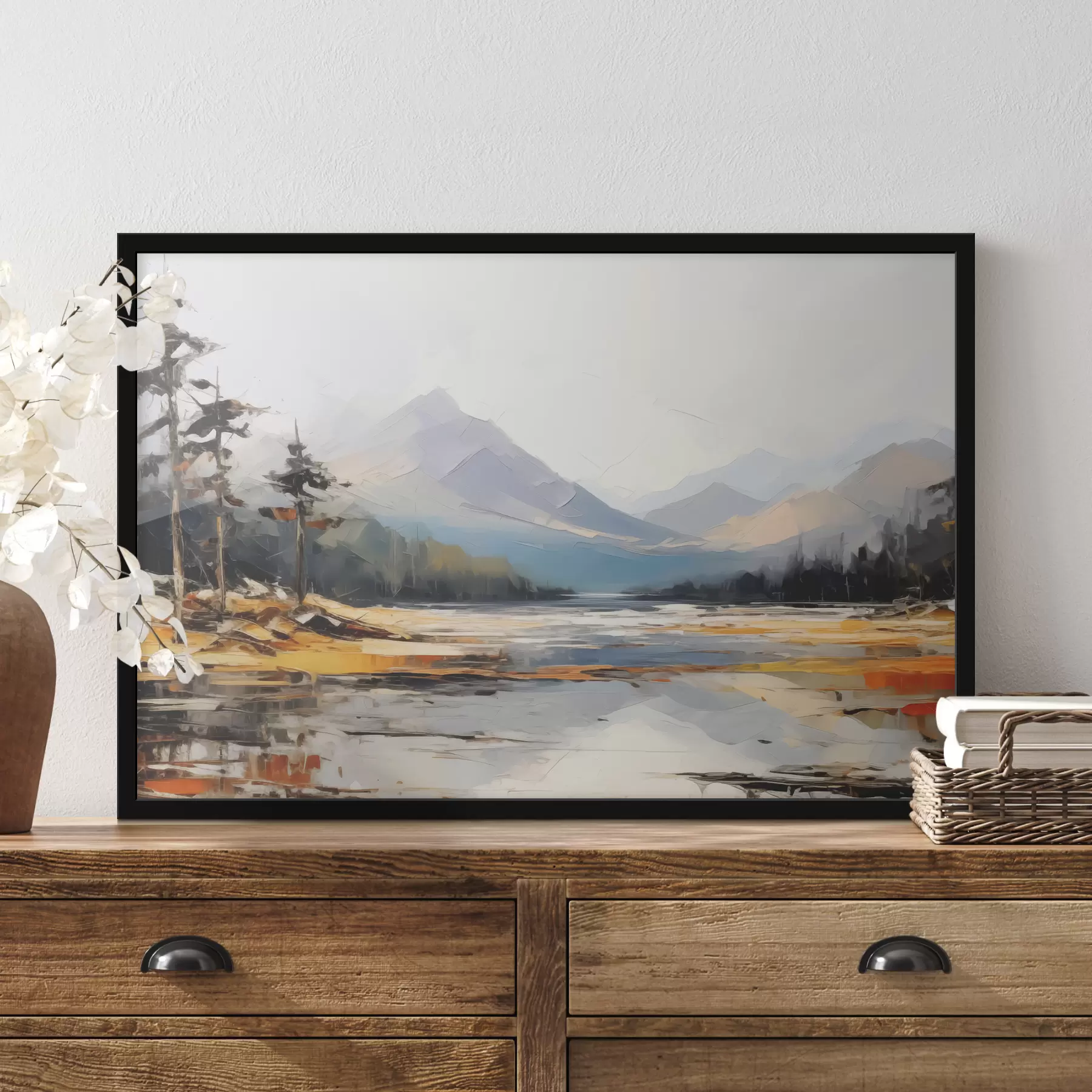 Fototapetes Kalnu grēdas ielejā eļļas glezna, ainava, daba, zila, balti dzeltena krāsa f39128