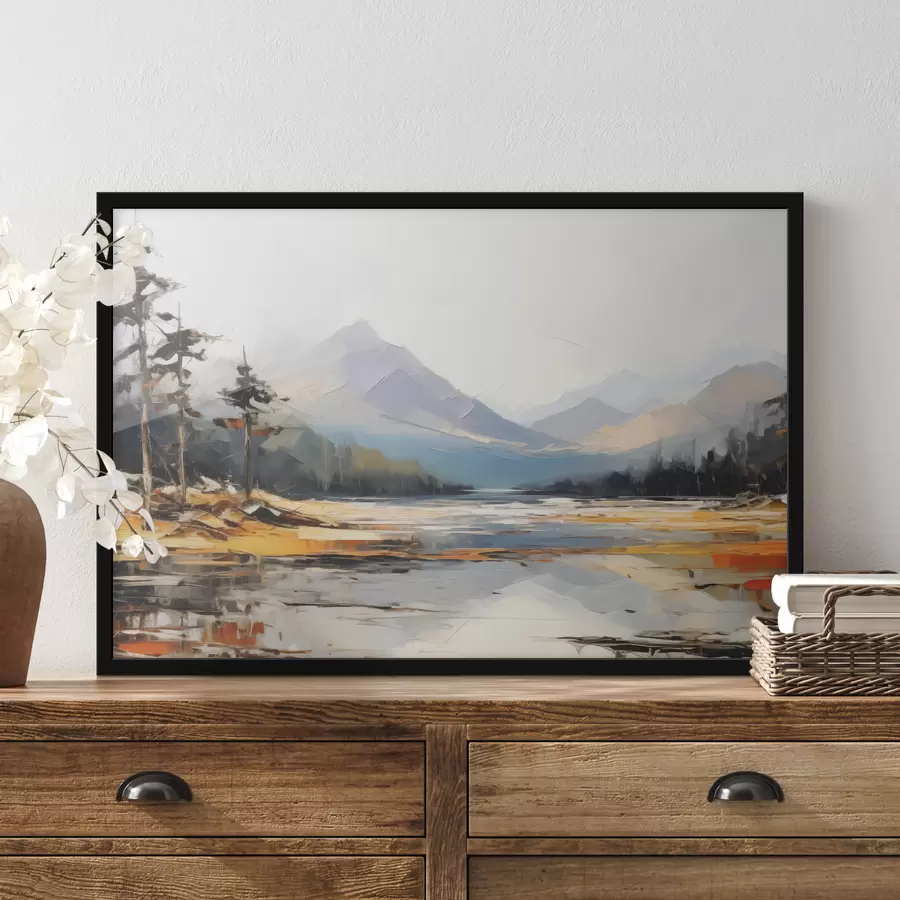 Fototapetes Kalnu grēdas ielejā eļļas glezna, ainava, daba, zila, balti dzeltena krāsa f39128