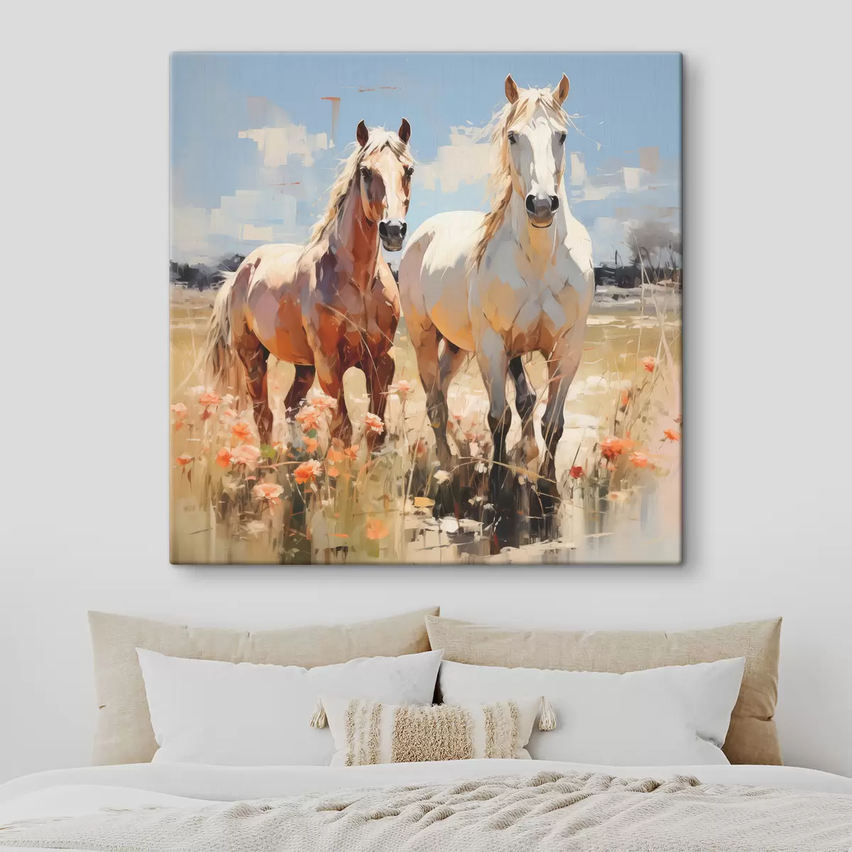 Glezna Balti un brūni zirgi ganās pļavā starp savvaļas ziediem eļļas gleznas abstraktā māksla s39187