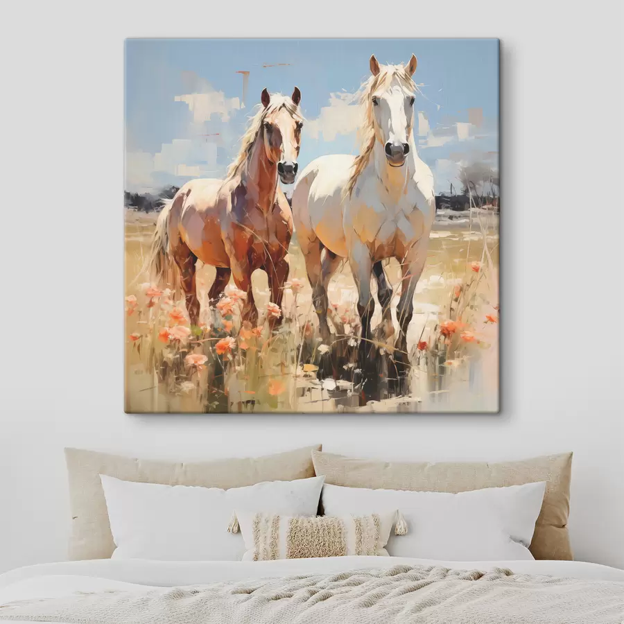 Glezna Balti un brūni zirgi ganās pļavā starp savvaļas ziediem eļļas gleznas abstraktā māksla s39187