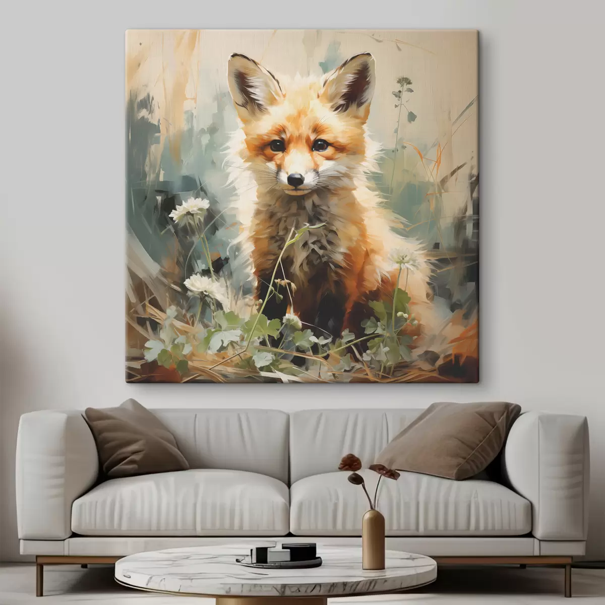 Glezna Sarkanā lapsa, kas sēž sausā zālē, uz zaļa fona, eļļas glezna s39191