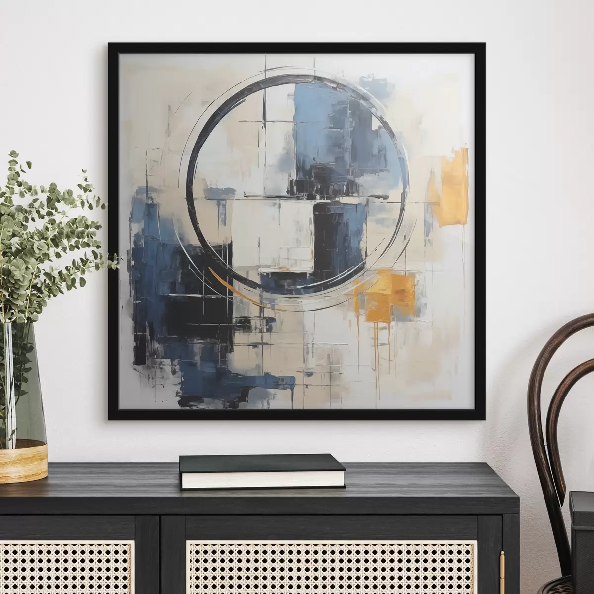 Plakāts Abstrakts kubisms, zils, oranžs, balts triepiens, apļveida figūra f39179