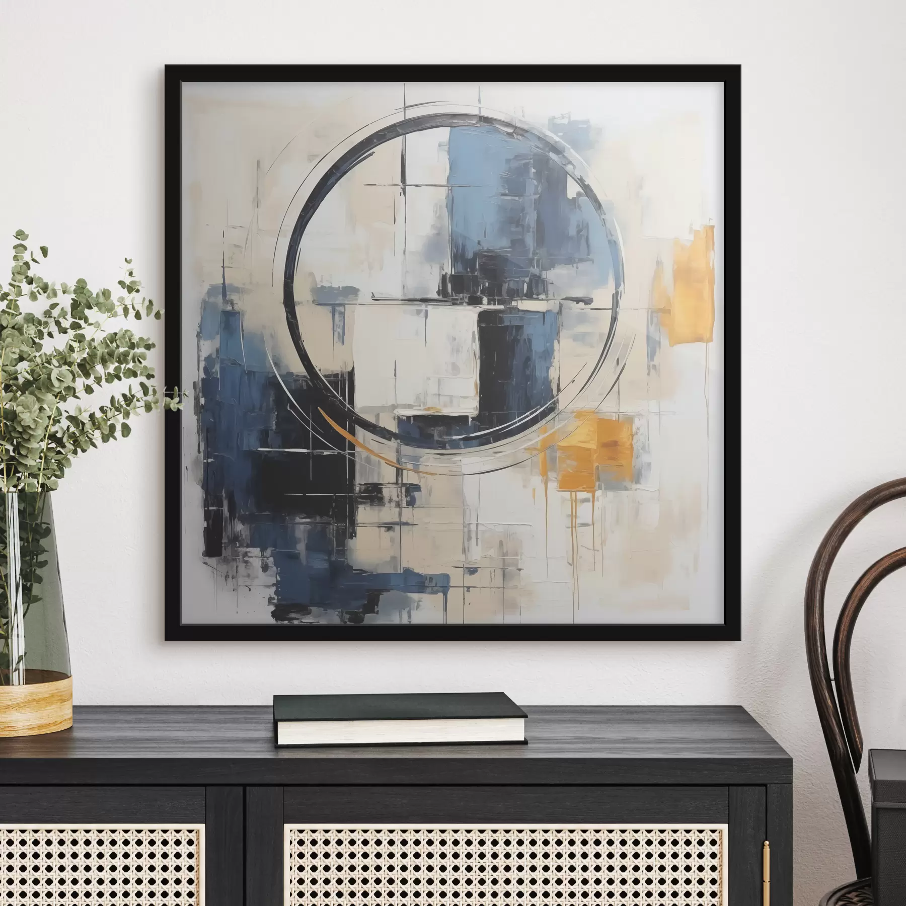 Fototapetes Abstrakts kubisms, zils, oranžs, balts triepiens, apļveida figūra f39179