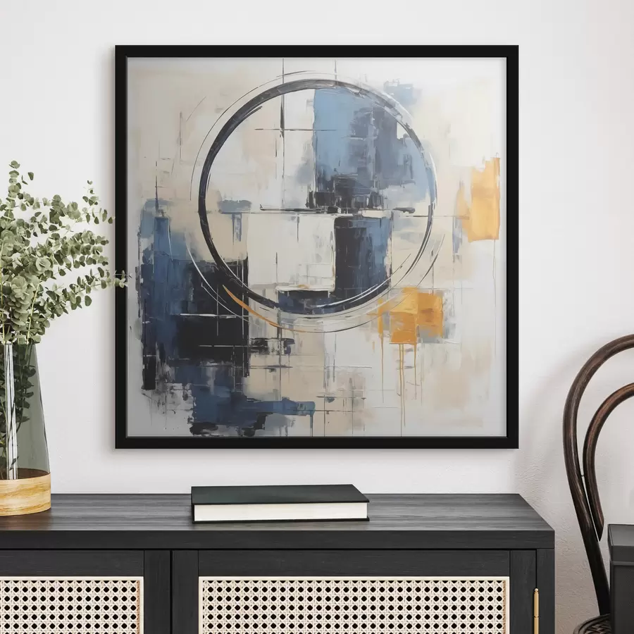 Fototapetes Abstrakts kubisms, zils, oranžs, balts triepiens, apļveida figūra f39179