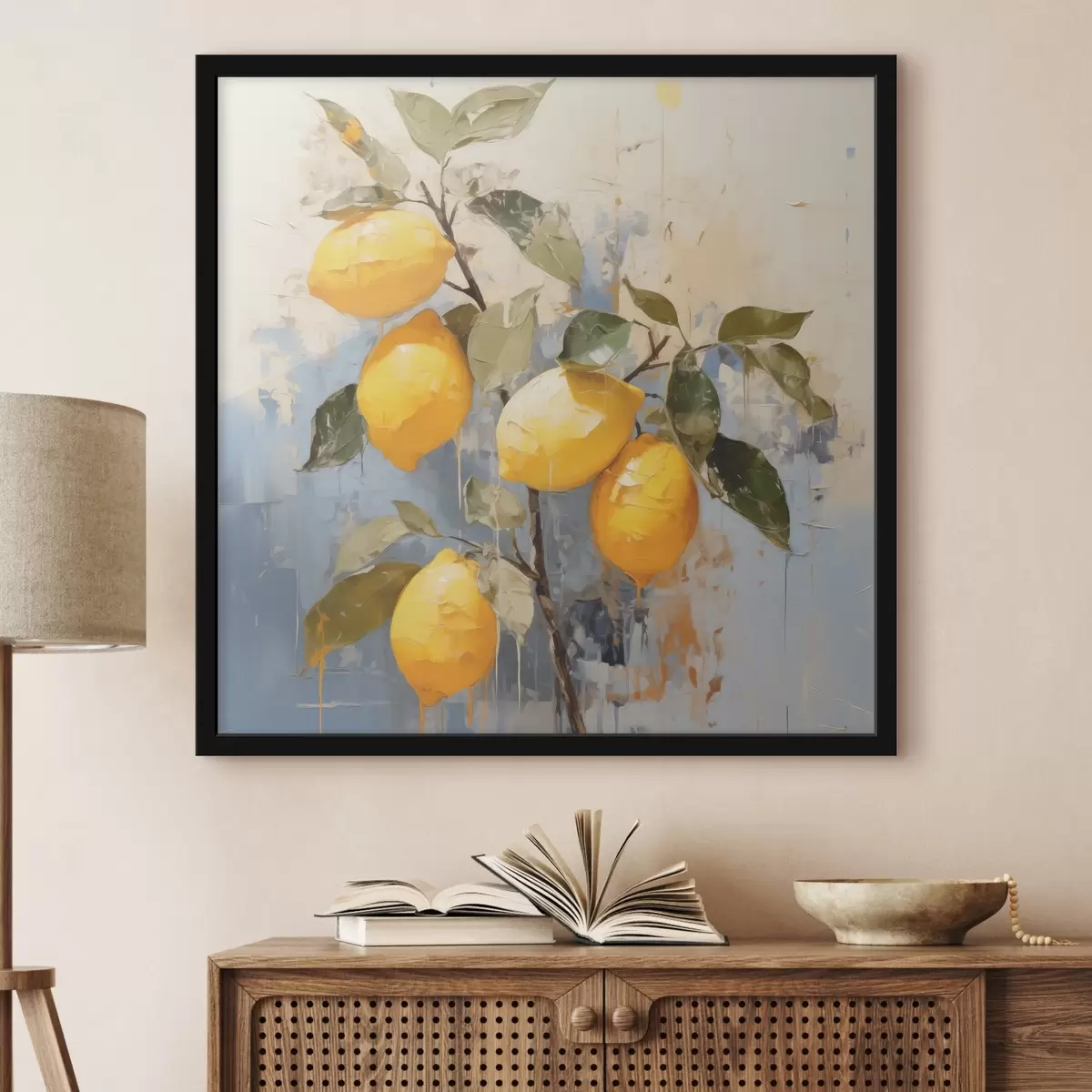 Plakāts Zariņš ar nogatavojušies citroni, eļļas glezna, abstraktā māksla, dzeltena, zila un zaļa krāsa f39186