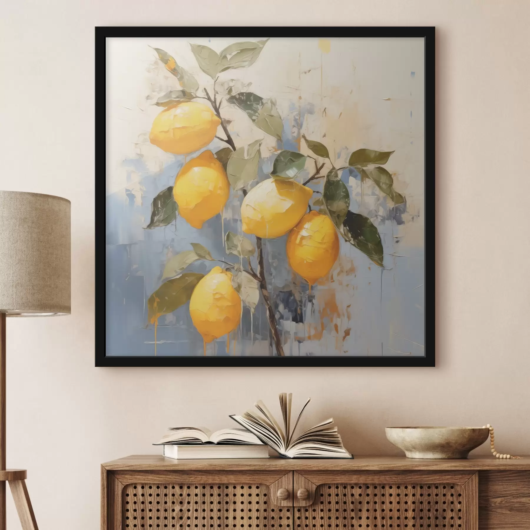 Fototapetes Zariņš ar nogatavojušies citroni, eļļas glezna, abstraktā māksla, dzeltena, zila un zaļa krāsa f39186