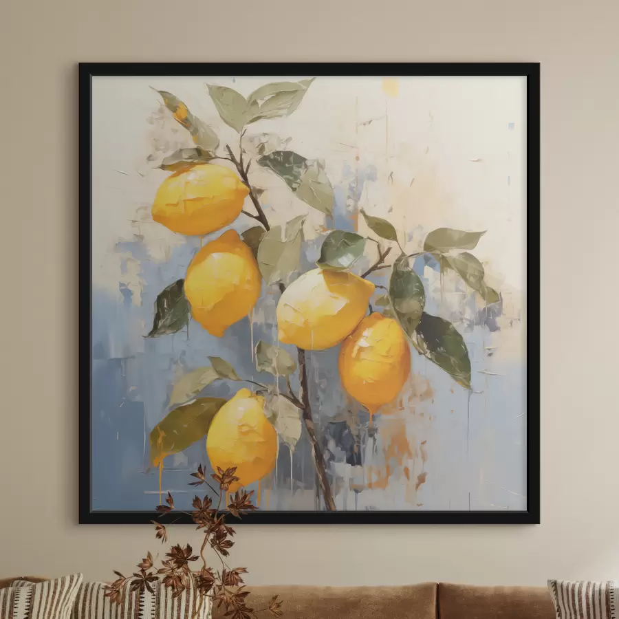 Glezna Zariņš ar nogatavojušies citroni, eļļas glezna, abstraktā māksla, dzeltena, zila un zaļa krāsa f39186