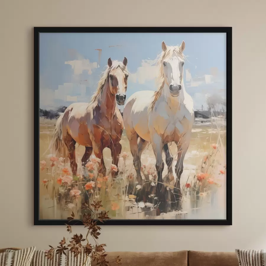 Fototapetes Balti un brūni zirgi ganās pļavā starp savvaļas ziediem, eļļas glezna, abstraktā māksla f39187