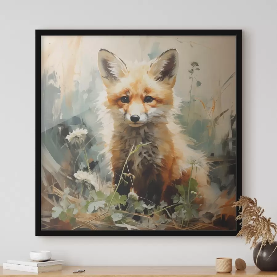 Fototapetes Sarkanā lapsa sēž sausā zālē uz zaļa fona. Eļļas glezna f39191