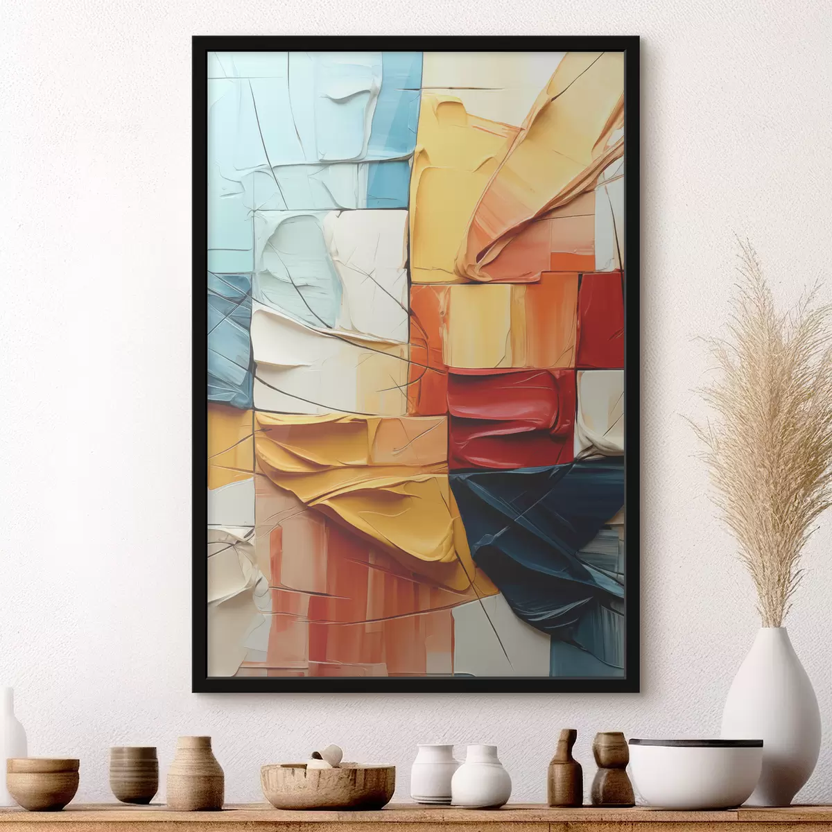 Plakāts Spilgtas krāsas gabali ar plaisām, kvadrātiem, kubisma glezna f39196