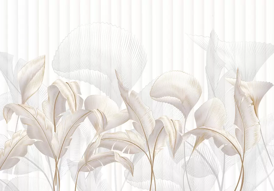 Fototapetes Tuvplāna skats uz tropu lapām uz balta fona ar teksturētu fonu w01237