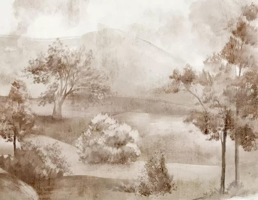 Fototapetes Ainavas gleznojums ar miglainu lauku ainavu, ko ieskauj sulīgi koki un zaļumi brūnos toņos w01247