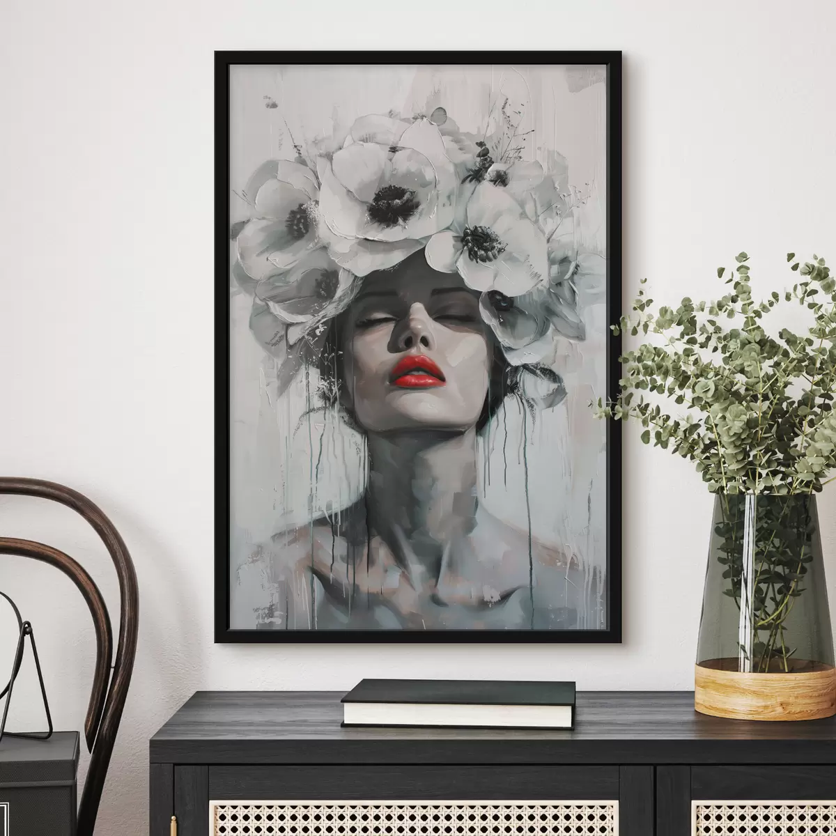 Plakāts Sievietes portrets ar ziediem matos un sarkanām lūpām f39253