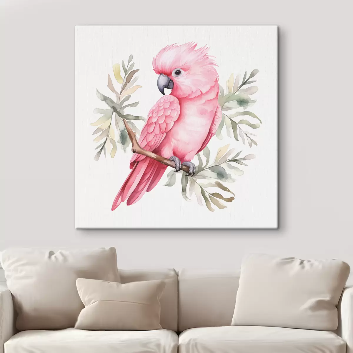 Glezna Rozā kakadū papagailis sēž uz zara, akvarelis s39334