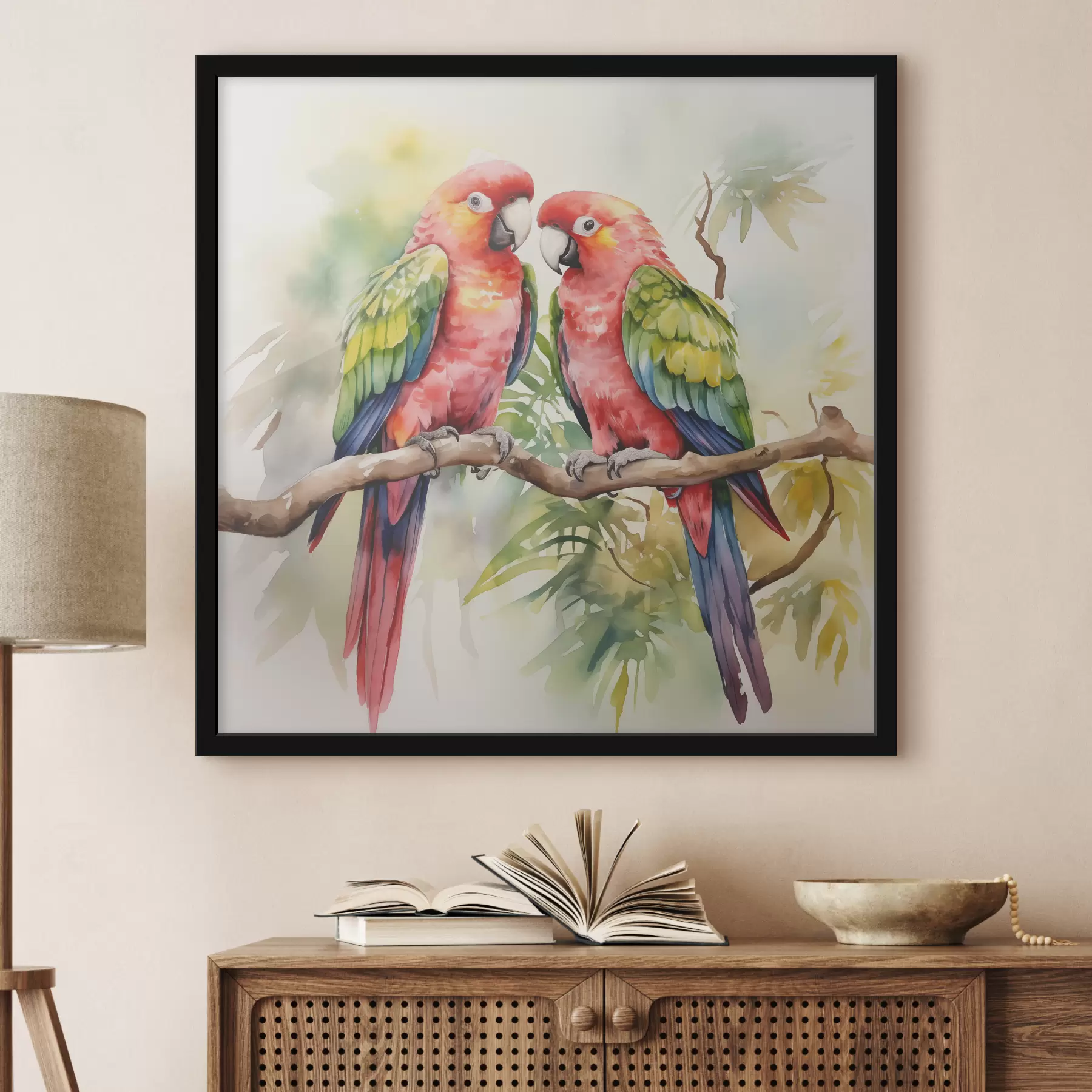 Fototapetes Divas spilgtas papagaiļu papagaiļi, kas sēž uz akvareļgleznas uz viena zara f39333