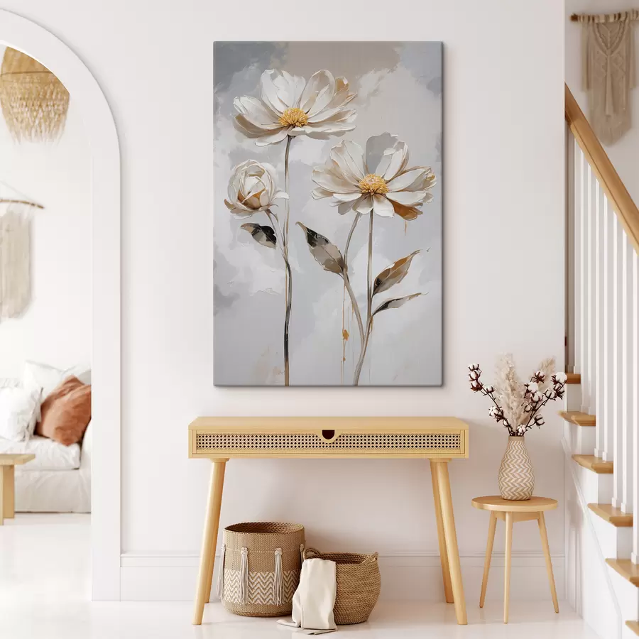 Glezna Balti ziedi uz balti pelēka fona s39174