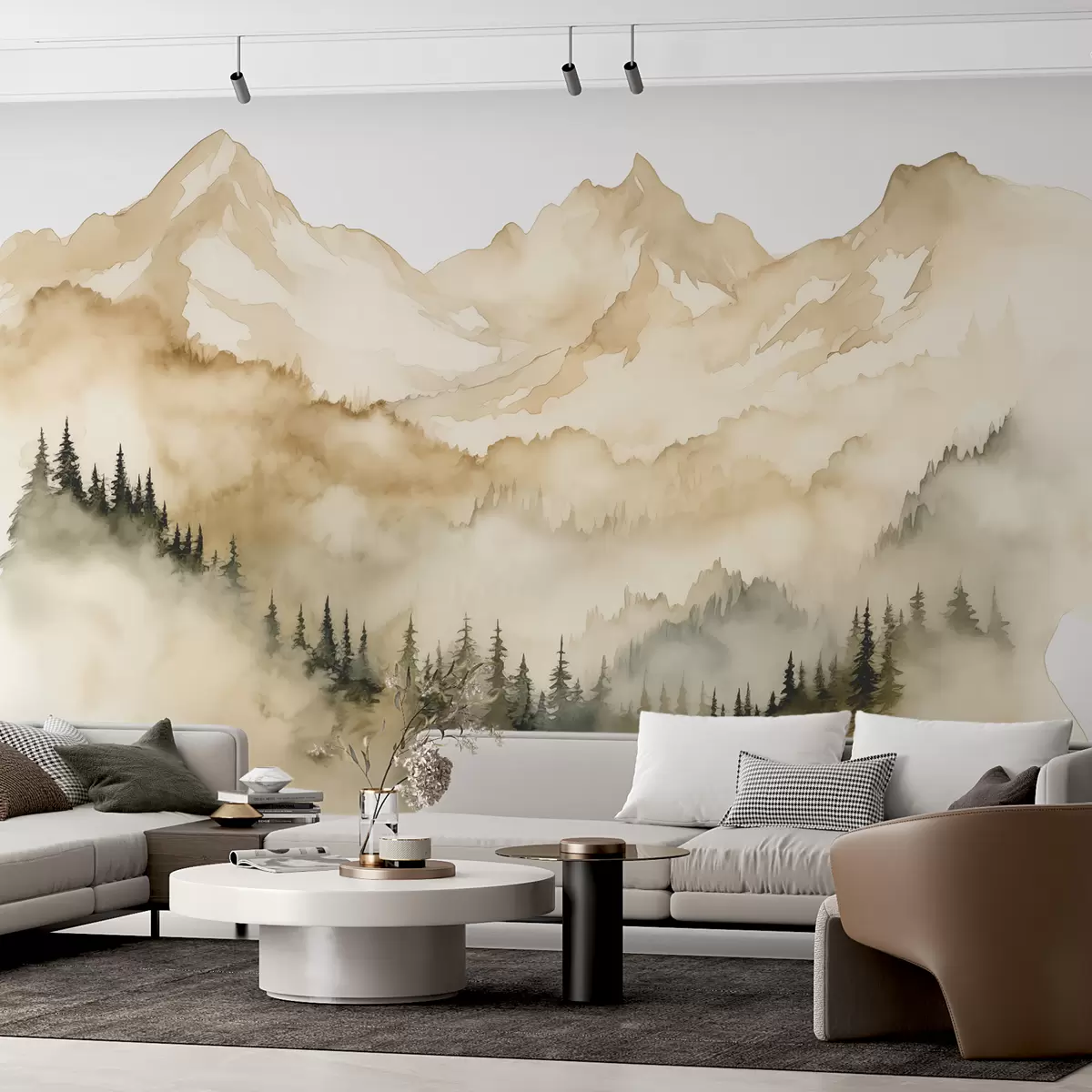 Fototapetes Mežs miglā akmeņainu smilškrāsas kalnu akvareļa ilustrācijas pakājē w07884