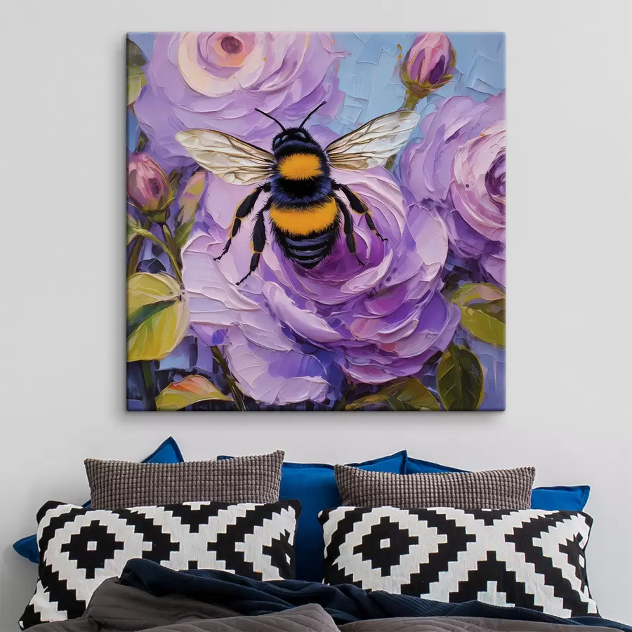 Glezna Bite uz rozā peonijām, krāsaini vasaras ziedi, eļļas glezna, spilgti otas triepieni s39411