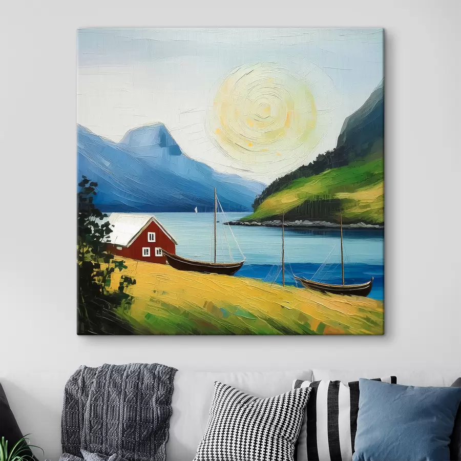 Glezna Ziemeļvalstu vasara, maza mājiņa jūras krastā, saule zilajās debesīs, kalni s39423