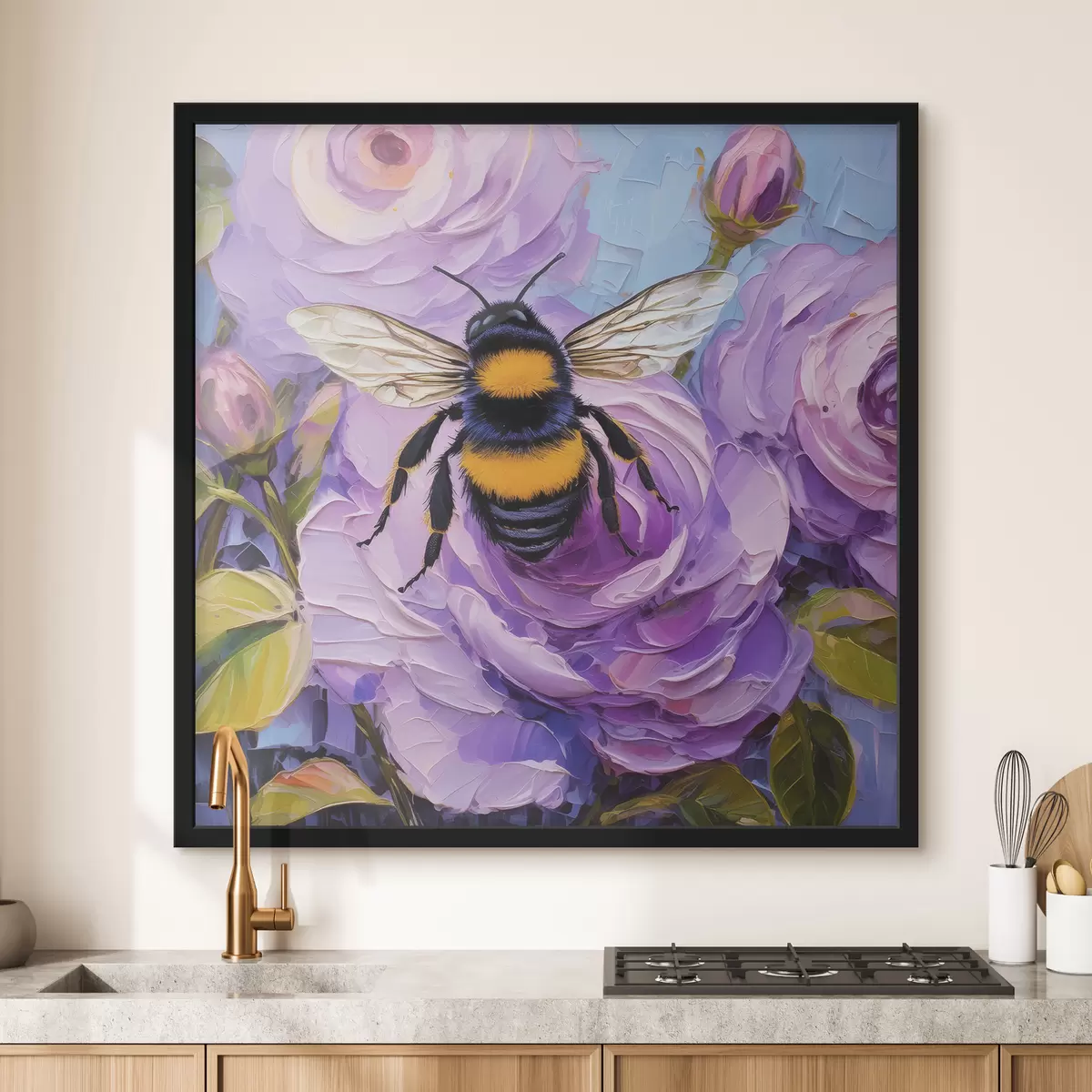 Plakāts Bite uz rozā peonijām, krāsaini vasaras ziedi, eļļas glezna, spilgti triepieni ar otu f39411