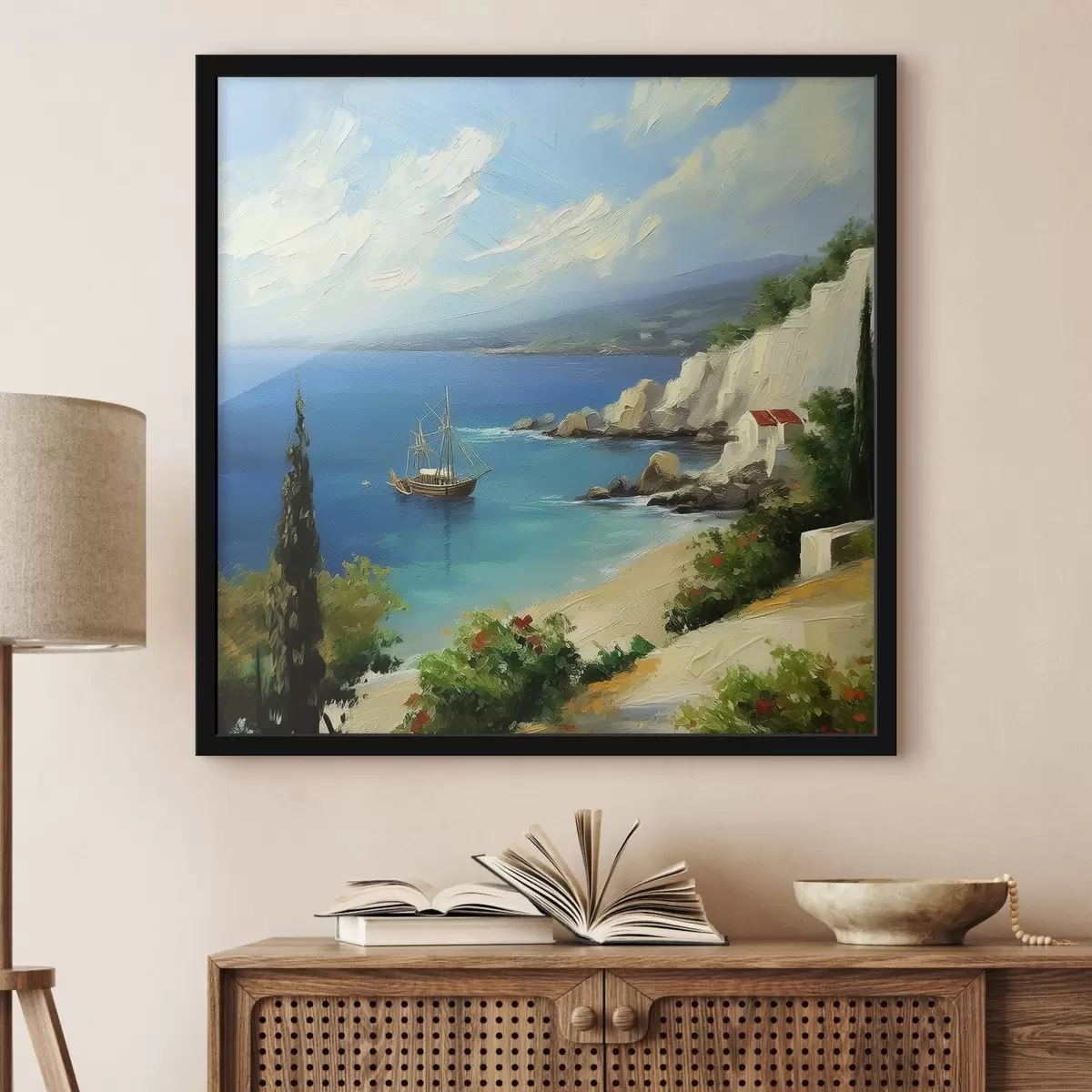 Plakāts Grieķijas jūras piekraste, kuģis, zils ūdens, eļļas glezna, vasaras daba, akmeņi, spilgti otas triepieni f39425