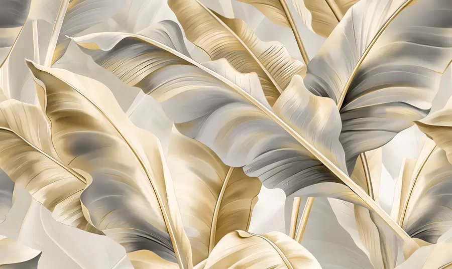 Fototapetes greznas lielas banānu lapas pelēcīgi bēšos toņos w07876