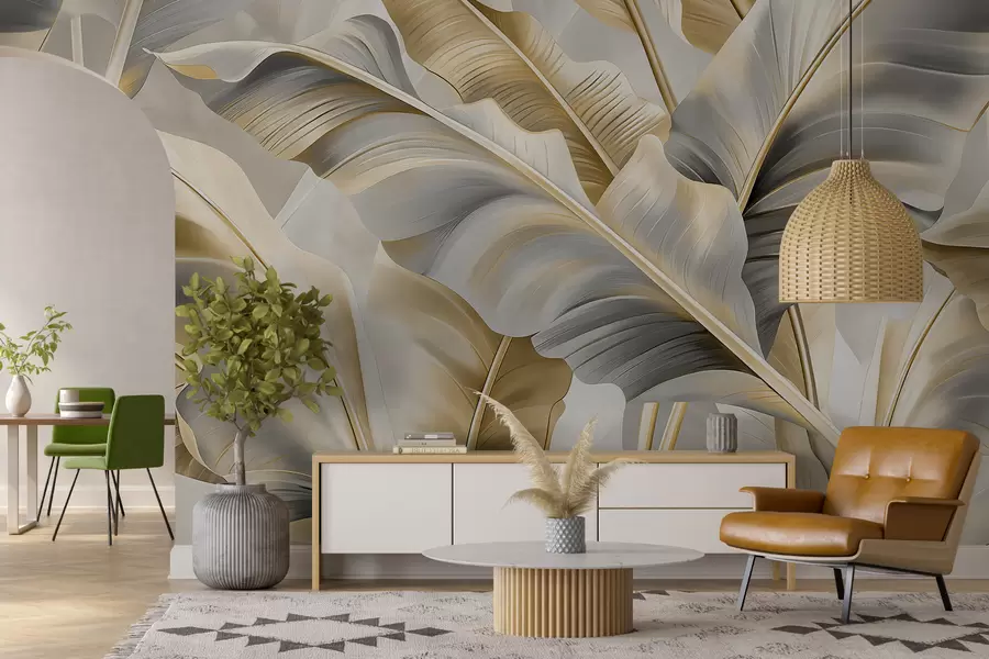 Fototapetes greznas lielas banānu lapas pelēcīgi bēšos toņos w07876