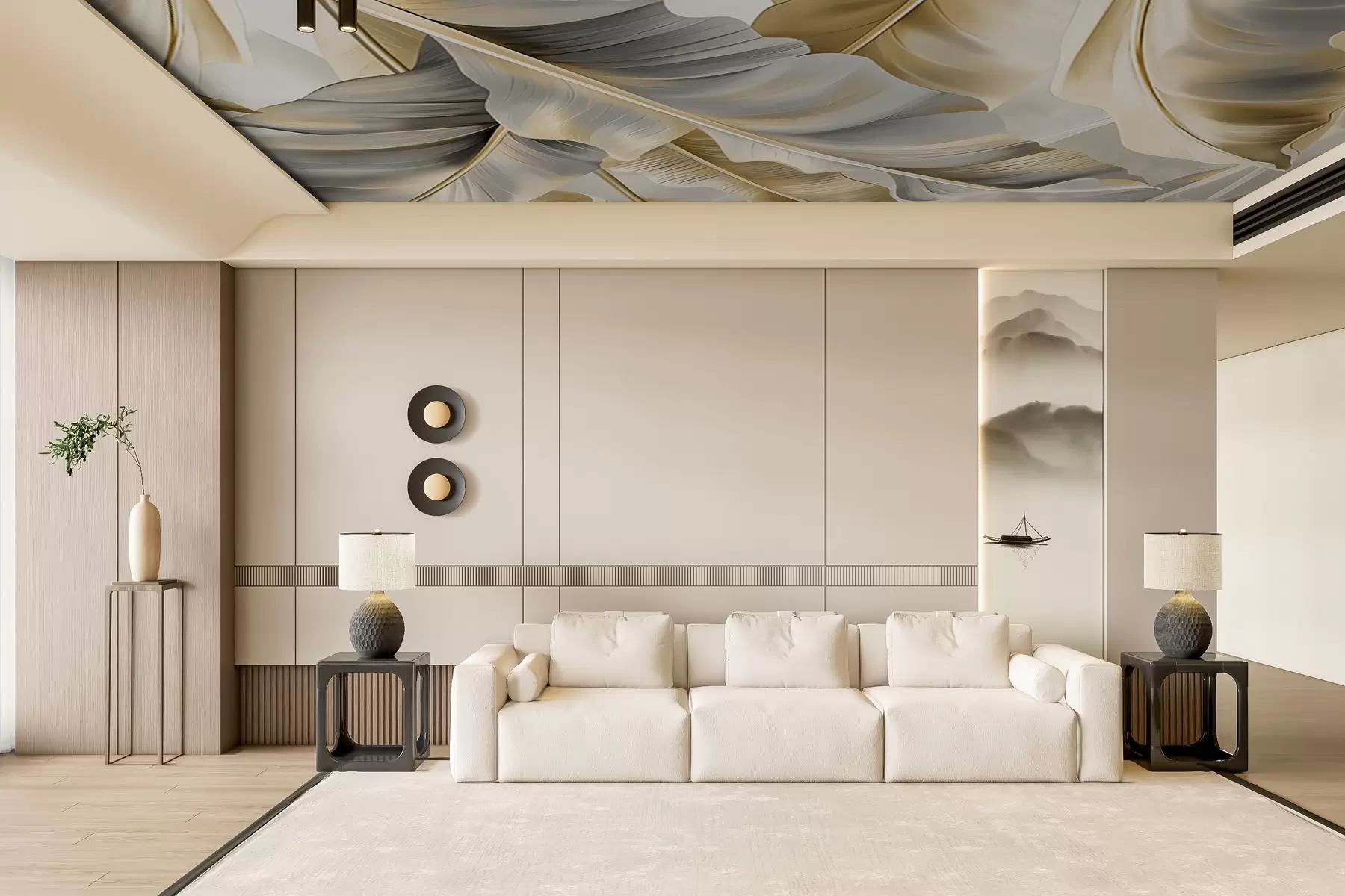 Fototapetes greznas lielas banānu lapas pelēcīgi bēšos toņos w07876