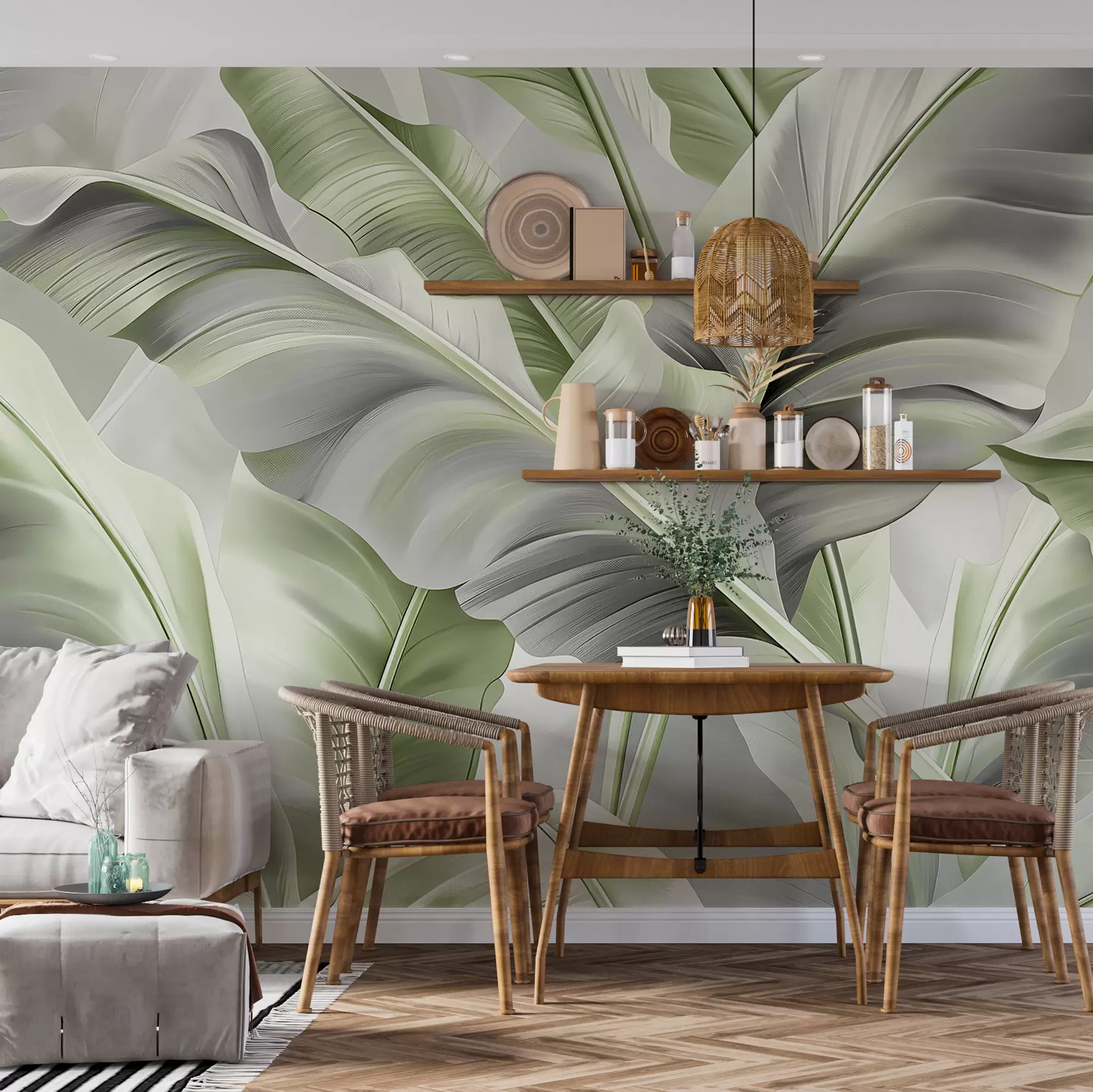 Fototapetes greznas lielas banānu lapas pelēcīgi zaļos toņos w07876v3