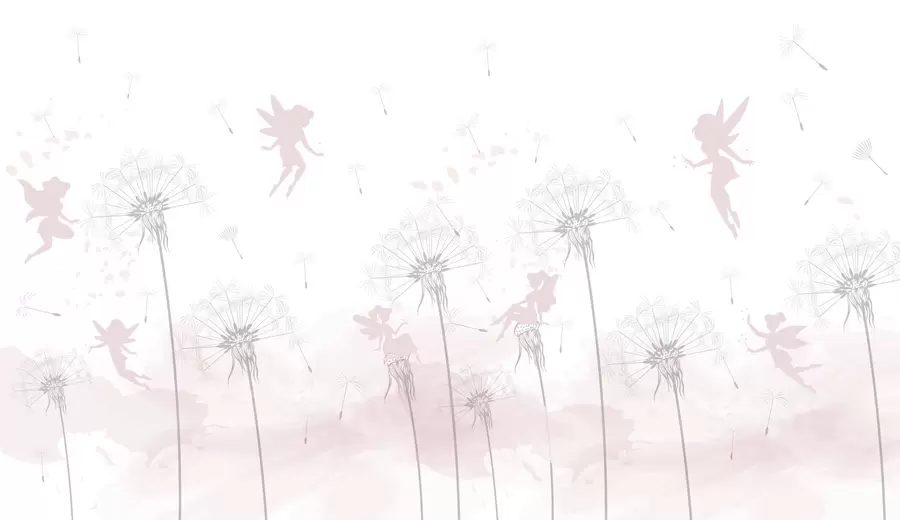 Fototapetes Burvju fejas pienenēs un meža ziedos Skandināvu stilā meitenēm rozā krāsā w07913