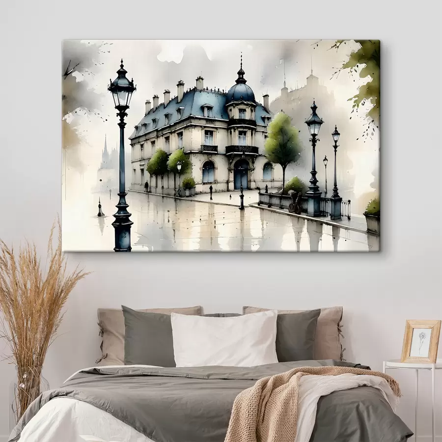 Glezna Lieliska akvareļu ēka, ko ieskauj laternu stabi un koki, lietainā dienā s39391