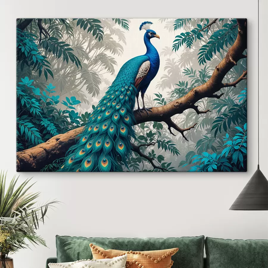 Glezna Koši zils pāvs, kas atrodas uz koka zara leknā, tropiskā mežā  s39401