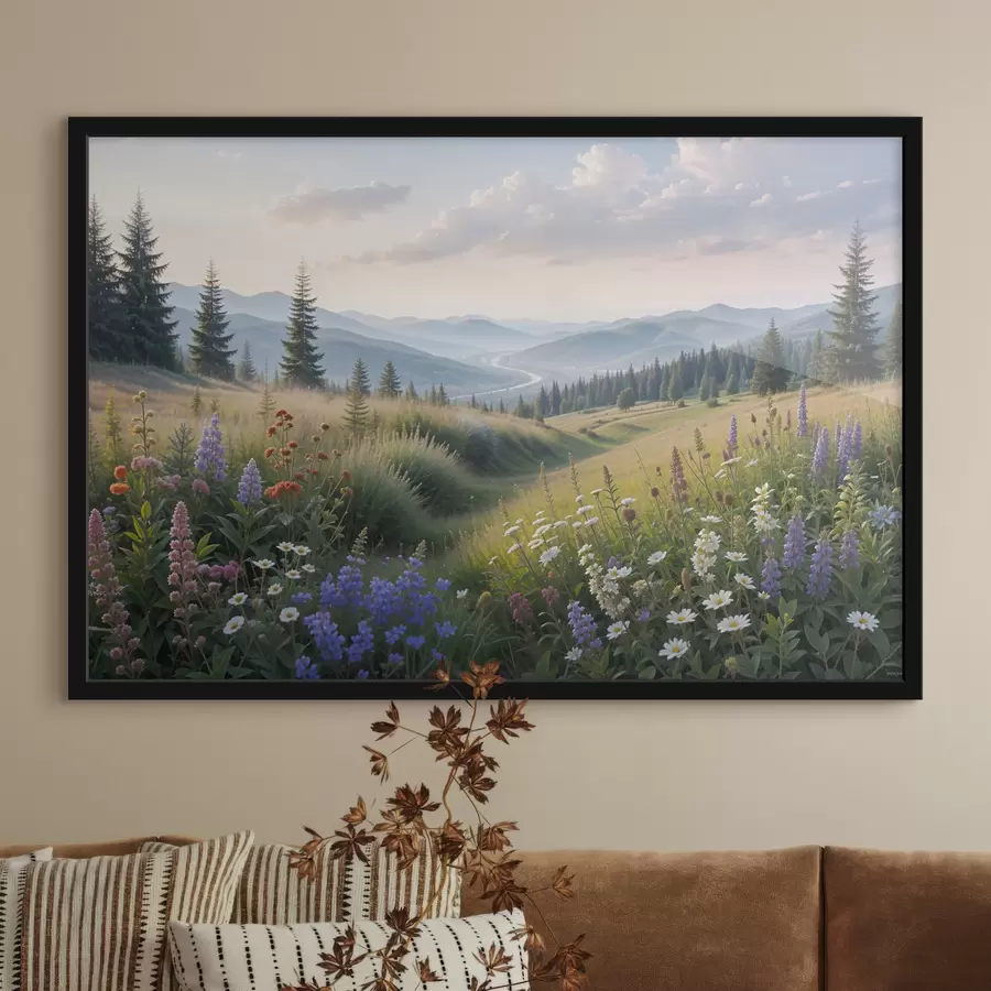 Fototapetes Kalnu ainava ar zālaugu pļavu priekšplānā, kas piepildīta ar krāsainiem savvaļas ziediem f39382