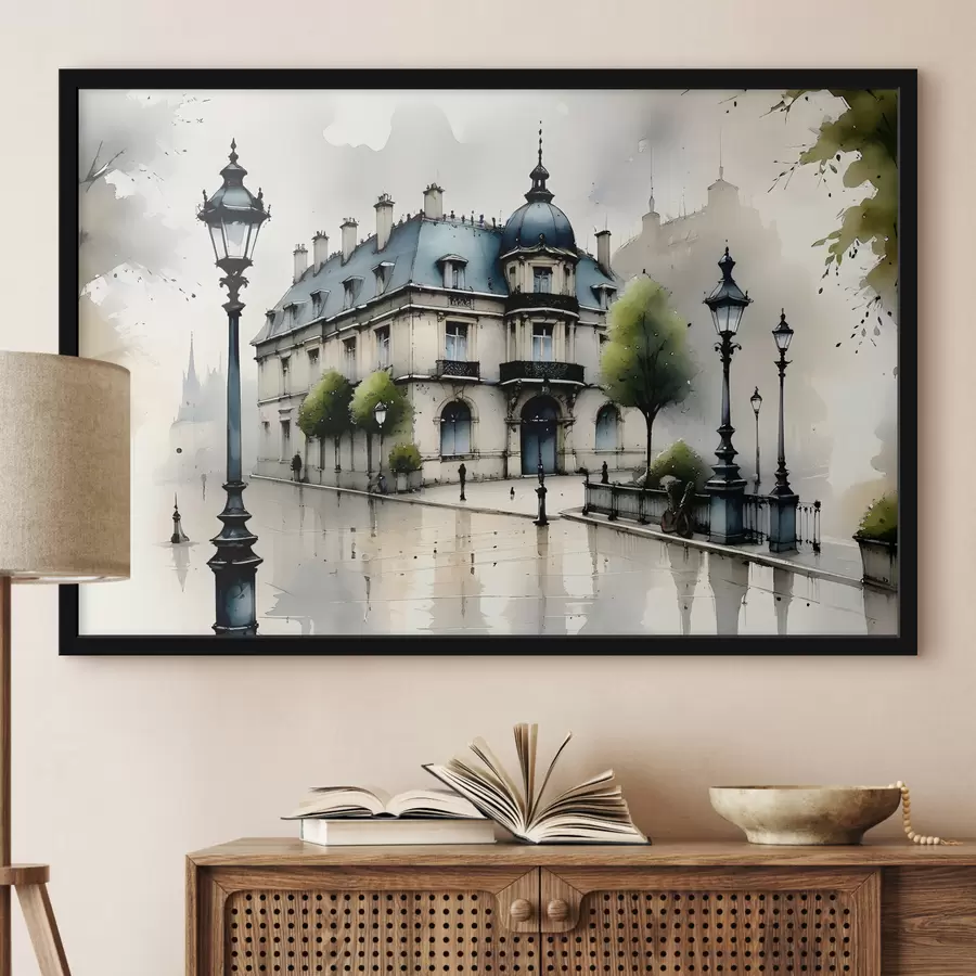 Fototapetes Lieliska akvareļu ēka, ko ieskauj laternu stabi un koki, lietainā dienā f39391