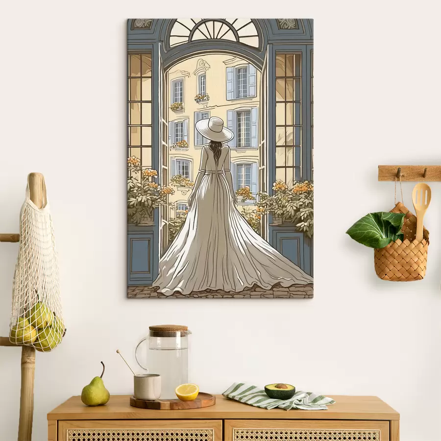 Glezna meitenes siluets baltā kleitā pie loga s39479