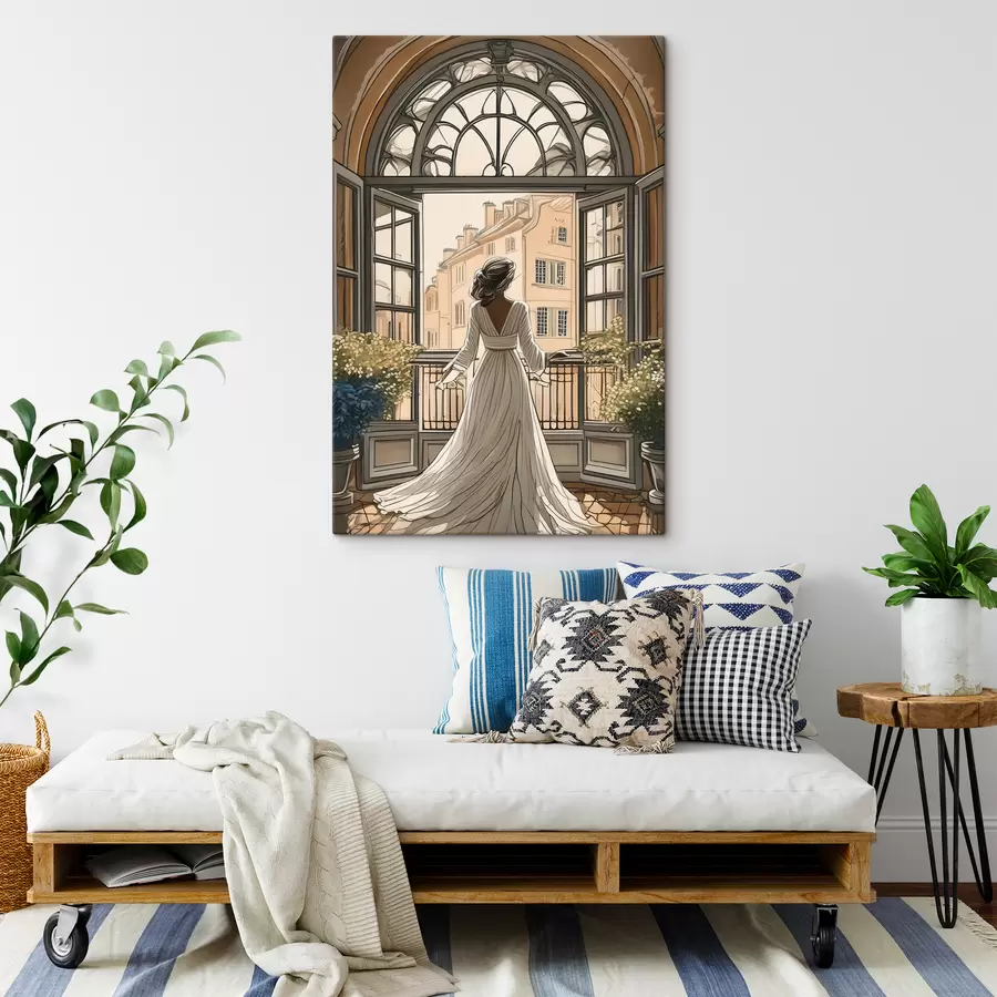Glezna meitenes siluets baltā kleitā pie liela loga s39480