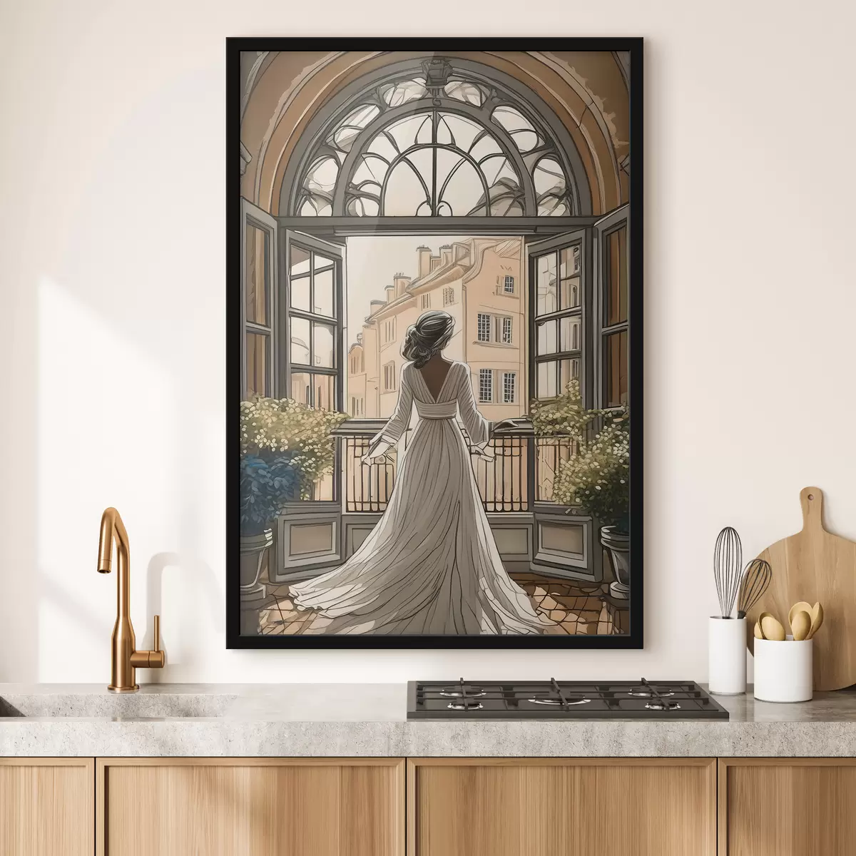 Plakāts meitenes siluets baltā kleitā pie liela loga f39480