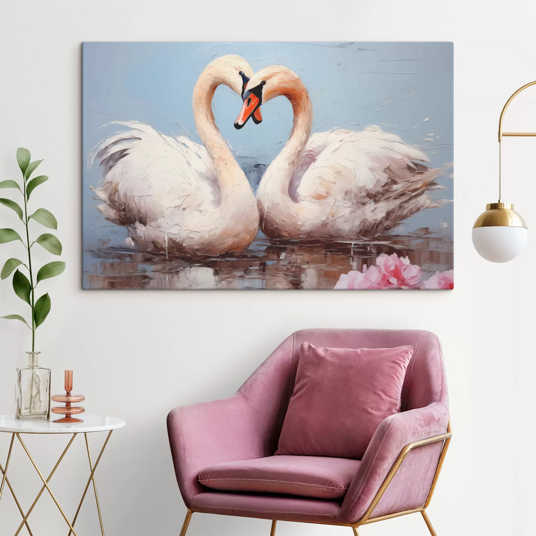 Fototapetes Balto gulbju pāris uz dīķa, eļļas glezna s39572