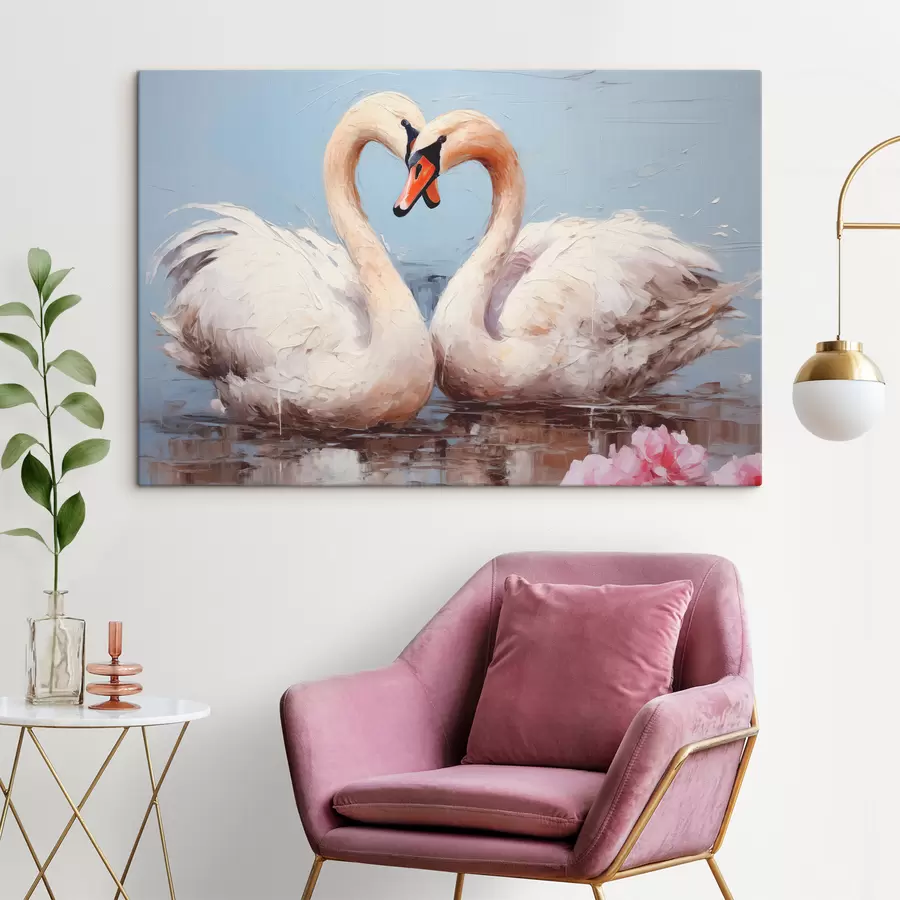 Glezna Balto gulbju pāris uz dīķa, eļļas glezna s39572
