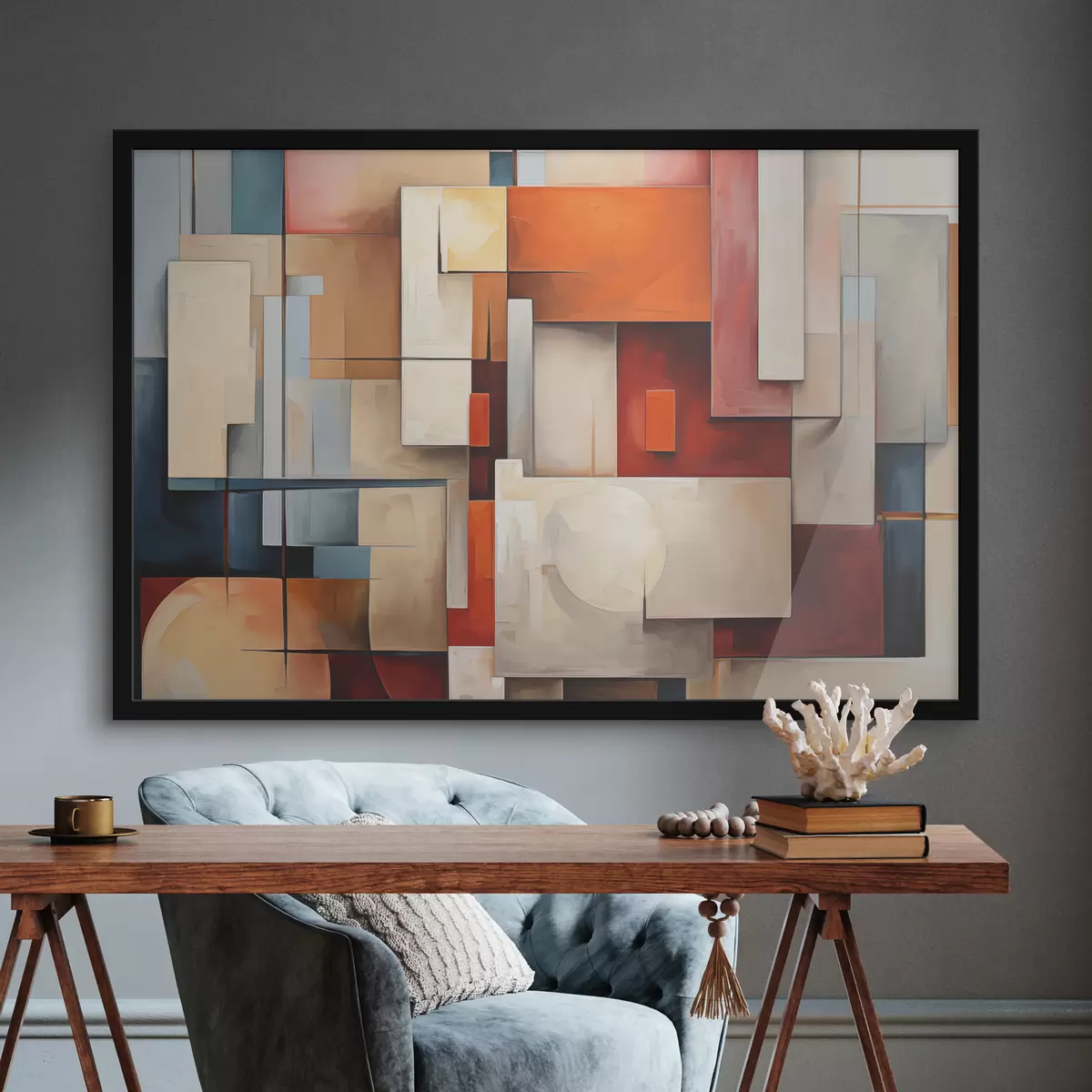 Plakāts Abstrakcija kubisma stilā, eļļas glezna, sarkana, zila, balta krāsas f39571