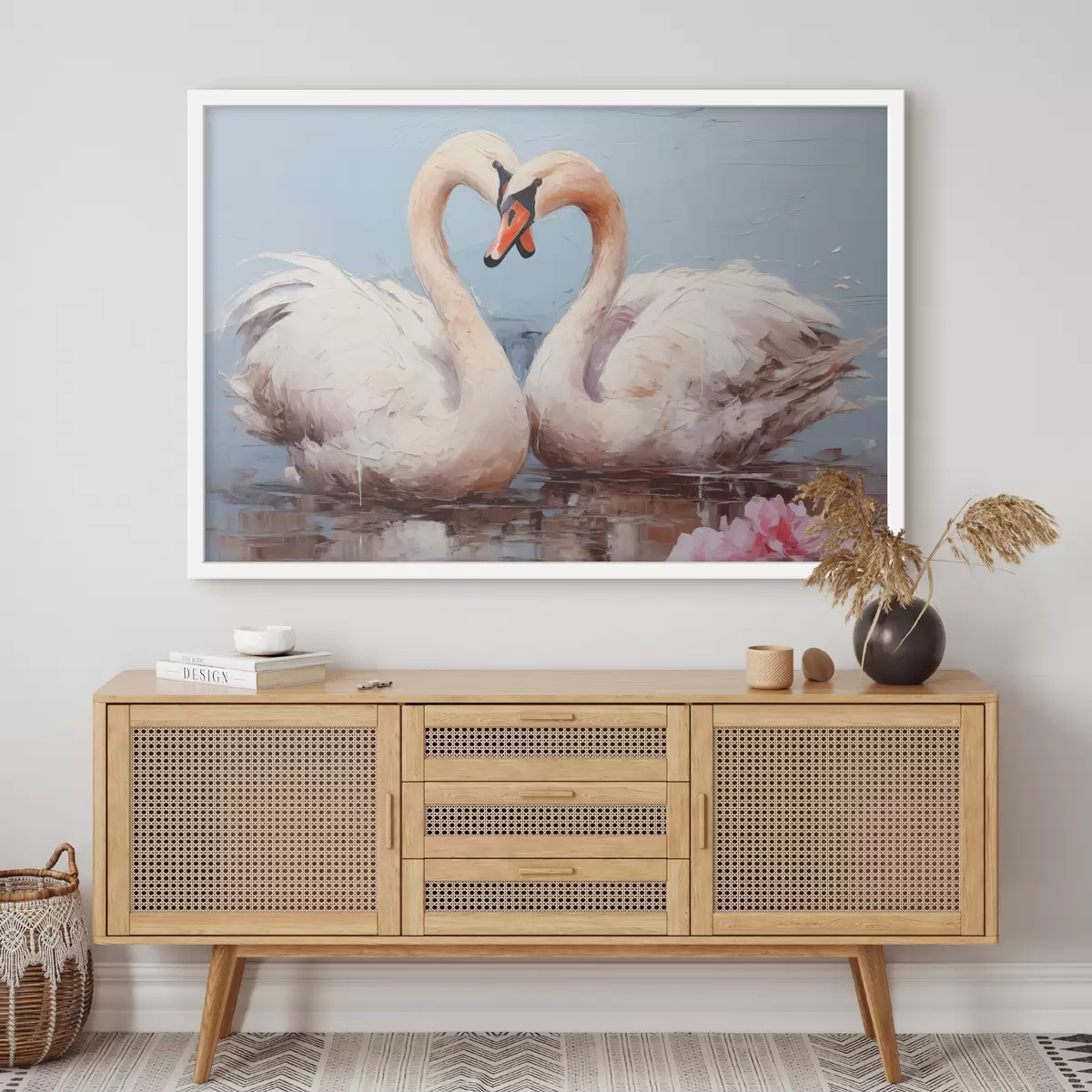 Plakāts Balto gulbju pāris uz dīķa, eļļas glezna f39572